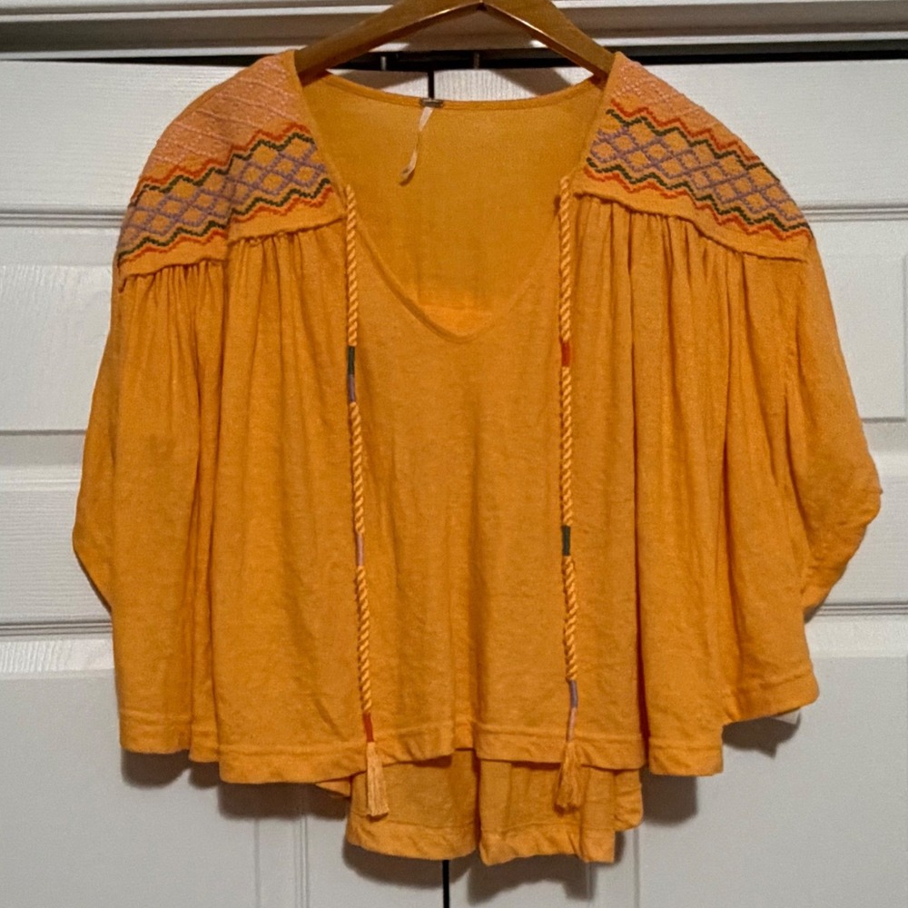 Free People Crop Embroidered Boho Top Womens S Orange Festival Western Loose